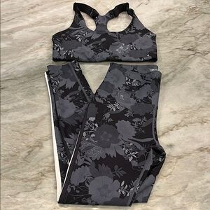 Black and Gray Floral Sports Bra and Leggings Set